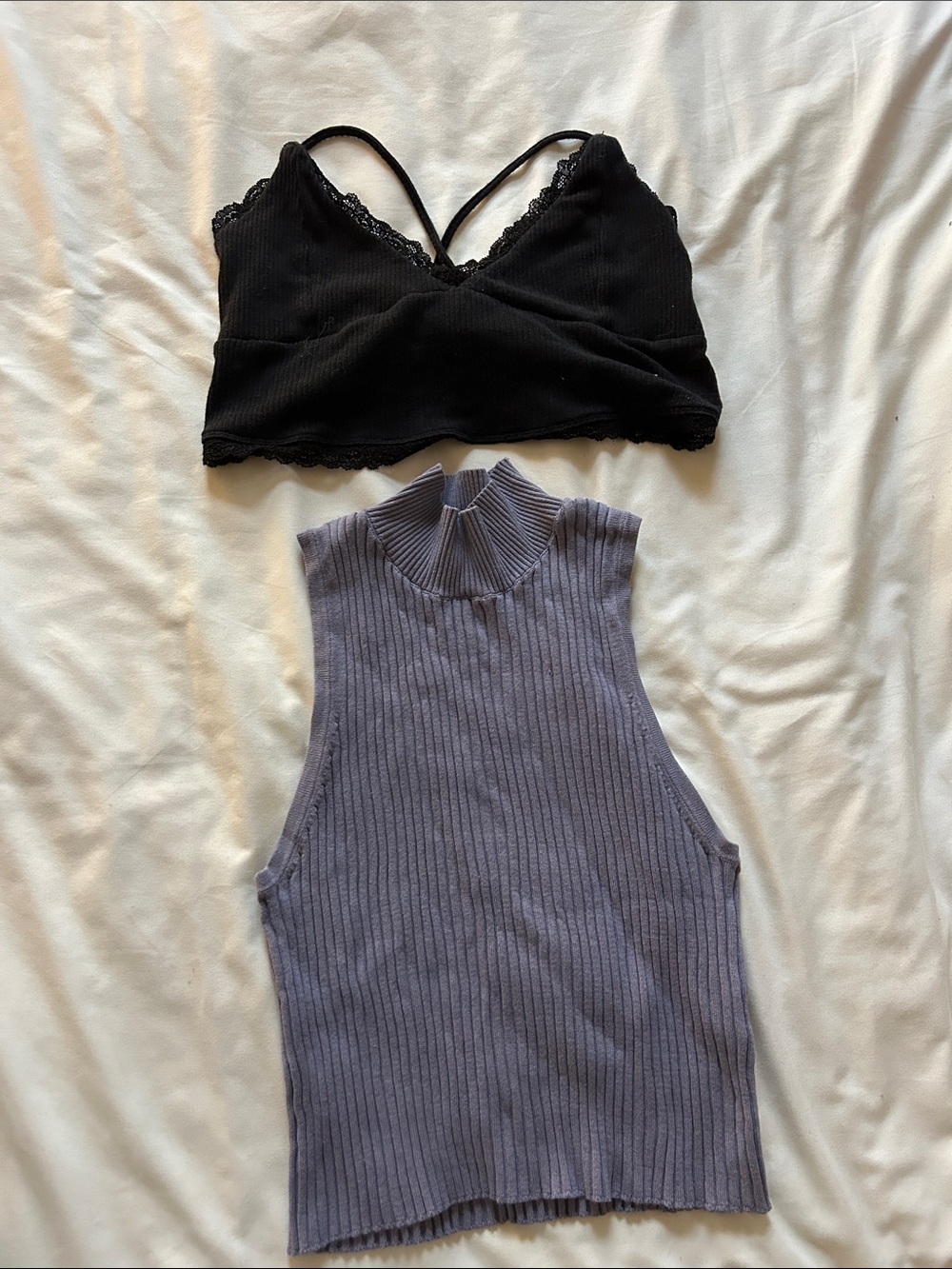Bundle Garage Black Lace Bralette & Dusty Lavender Ribbed Mock Neck Tank